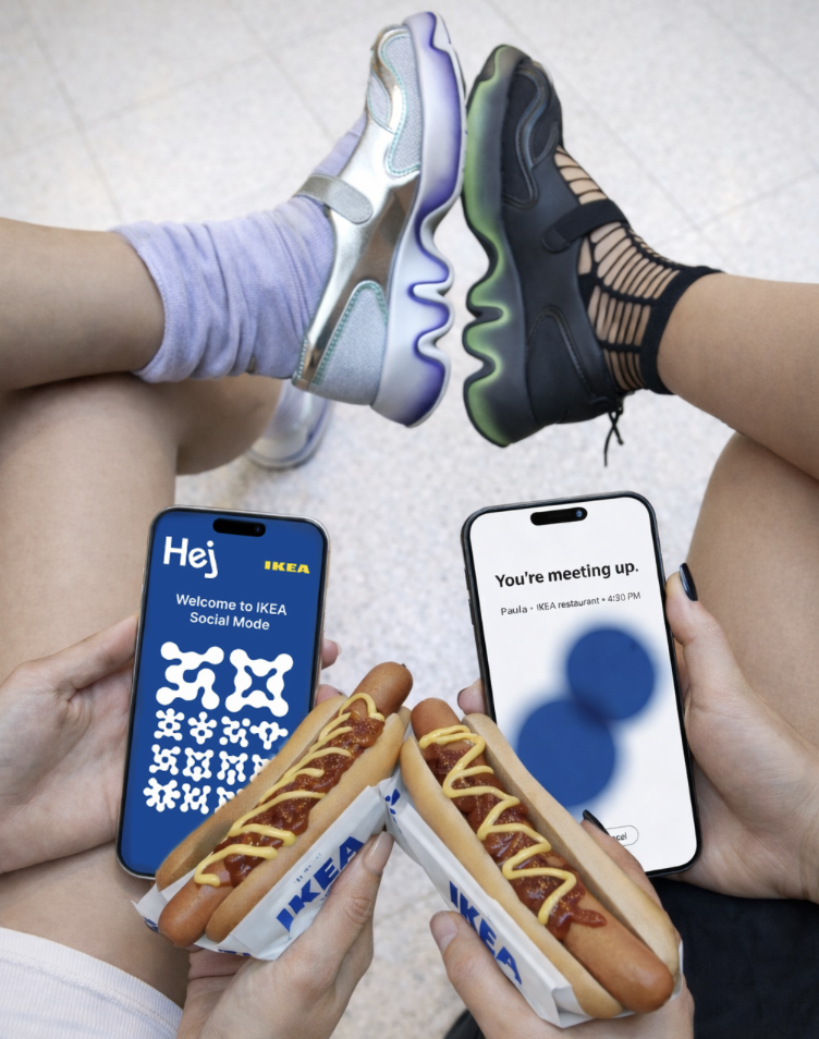 IKEA Hej — people holding phones with the Hej app and IKEA hot dogs